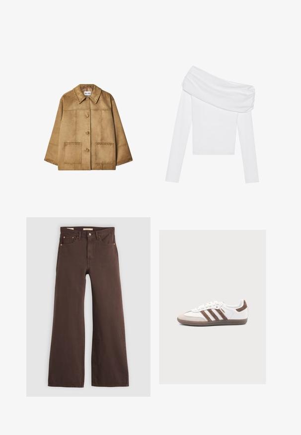 Brun ruskindjakke med krave, frontlukning med knapper, to store lommer og dekorativ syning langs skuldre og lommer.; Hvid off-the-shoulder top med lange ærmer og draperet halsudskæring. Lavet af glat stof med en tætsiddende silhuet.; Brune vidde bukser med høj talje, fem lommer og knaplukning, lagt fladt på en lys baggrund.; Hvid Adidas Samba sneaker med brune ruskindstriber, brun ruskindstå og gummisål på en lys grå baggrund.