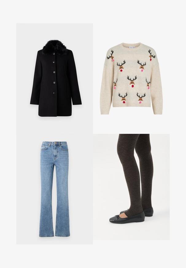 Vero Moda VMAUTUMN COZY JACKET - Mantel - black; Roomkleurige trui met een zachte, pluizige textuur, een ronde halslijn en rendiermotieven met zwarte geweien, roze pompons en rode neuzen.; Lichtblauwe denim jeans met een flare-pasvorm, hoge taille en minimale hardware. Kenmerken zijn de klassieke vijfzak-stijl en subtiele stiksels.; Benen met donkere geribbelde leggings gecombineerd met zwarte ballerina's met kleine strikdetails op een witte achtergrond.