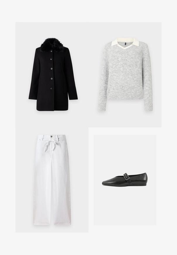 Vero Moda VMAUTUMN COZY JACKET - Klassisk frakke - black; Lys grå strikket sweater med lange ærmer og detaljer med hvid V-halskrave, ribbet kant og manchetter, vist på hvid baggrund.; Hvide vidde bukser lavet af bomuld. Har en snoretræk i taljen og en knaplukning. Glat tekstur med et minimalistisk design.; Sorte læder flade sko med spidse tæer, prydet med en metallisk spænde over vristen og en lav, fleksibel sål.