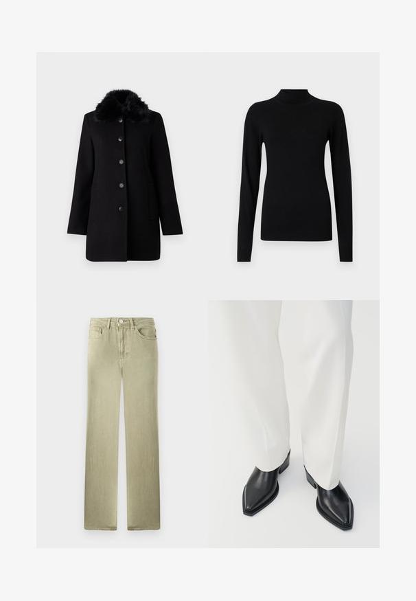 Vero Moda VMAUTUMN COZY JACKET - Klassisk frakke - black; Sort langærmet tætsiddende rullekravetrøje med ribstrikkede manchetter og kant på en lys grå baggrund.; Beige straight-leg jeans med for- og baglommer, knap- og lynlås-lukning, vist mod en hvid baggrund.; Sorte spidse ankelstøvler med en glat læderoverflade, lave blokhæle, og parret med hvide brede bukser. Enkel og moderne design.