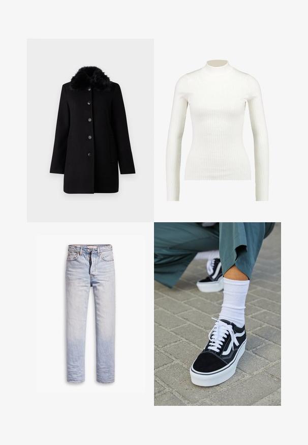 Vero Moda VMAUTUMN COZY JACKET - Mantel - black; Geribbelde witte lange mouw turtleneck top met een fitted ontwerp en gladde textuur, voorzien van een hoge halslijn en slanke silhouet.; Lichtblauwe denim jeans met een straight leg ontwerp, voorzien van een knoopgulp, vijf zakken en subtiele vervaging langs de benen.; Zwarte suède sneaker met witte accenten en veters, uitgerust met een dikke witte zool en contrasterende stiksels, gecombineerd met een witte sok.