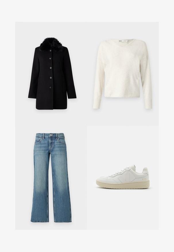 Vero Moda VMAUTUMN COZY JACKET - Mantel - black; Crème V-halstrui van zacht materiaal, met lange mouwen en geribbelde manchetten, met een licht cropped, losse pasvorm.; Lichtblauwe spijkerbroek met een brede pijp, voorzien van een mid-rise taille, voorzakken en subtiele vervaging, met een gladde textuur.; Witte leren sneakers met geperforeerde teendoos, contrasterende beige rubberen zool en logo-accenten op de zijkant en hiel. Minimalistisch ontwerp.