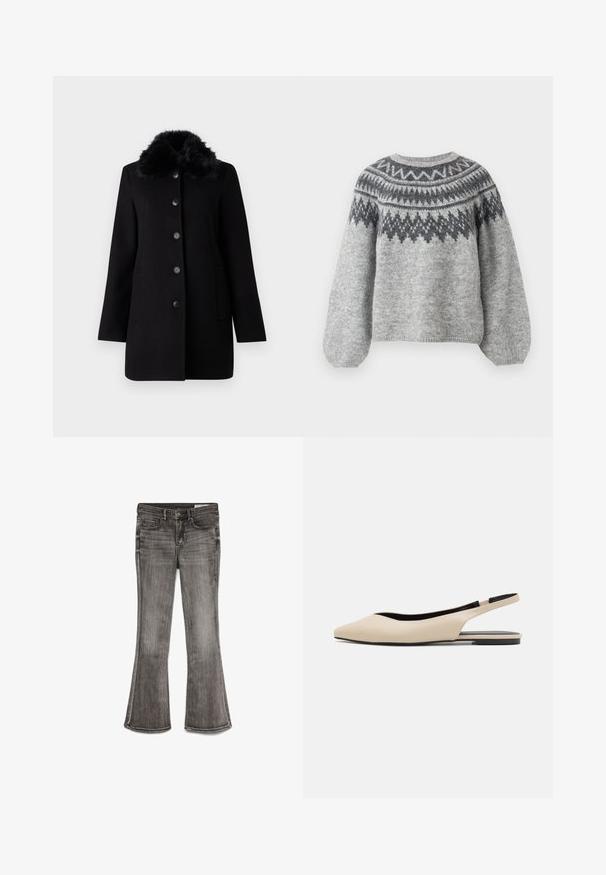 Vero Moda VMAUTUMN COZY JACKET - Klassisk frakke - black; Chunky striktrøje i lysegrå med et mønstret bærestykke i mørkegrå. Har rund halsudskæring og ballonsleeves. Blød tekstur.; Udsvingende jeans i falmet sort denim med en let glans. Har fem lommer og kontrastsyninger langs kanterne.; Beige læder slingback flade sko med spidse tæer, minimalisk design, glat tekstur og en lav sort sål.