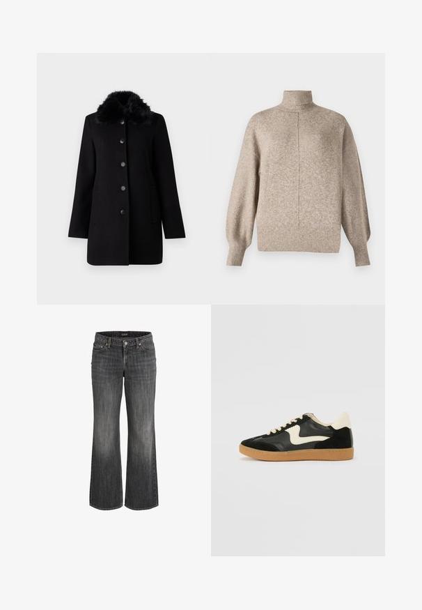 Vero Moda VMAUTUMN COZY JACKET - Mantel - black; Vero Moda VMDOFFY - Trui - sepia tint; Zwart vervaagde denim jeans met rechte pijpen, voorzien van een knoopsluiting aan de voorkant, riemlussen en een ontwerp met vijf zakken.; Zwarte suède en leren sneaker met een crèmekleurige zij-swoosh en lichte crèmekleurige hiel. Voorzien van beige veters en een gumrubberen zool.