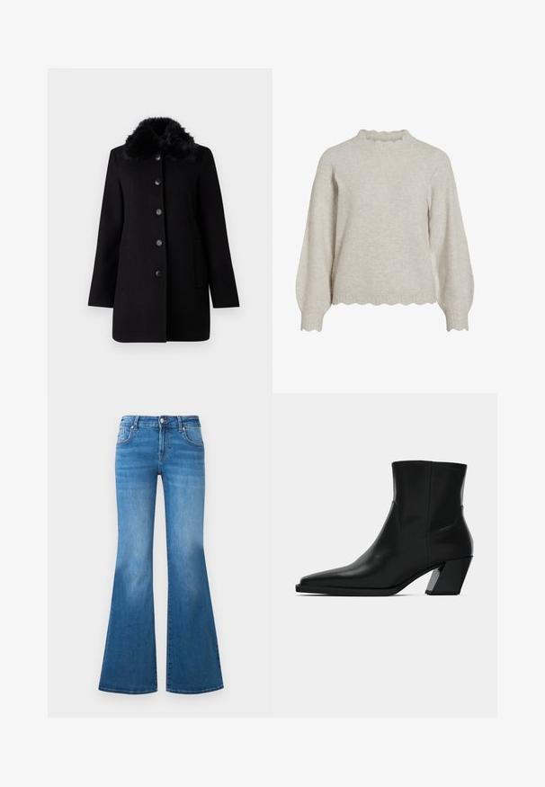 Vero Moda VMAUTUMN COZY JACKET - Mantel - black; Lichtbeige trui met een geribbelde, geschulpte halslijn en zoom. Beschikt over lange, ballonvormige mouwen en een zachte, textuurstof.; Flared blauwe denim jeans met een medium hoge taille, vijf zakken en vervaagde details op de dijen. Zilveren accenten op de knopen.; Zwarte leren enkelboot met een spitse neus, een slanke silhoeet en een chunky vierkante hak. Gladde textuur met minimale stikdetails.