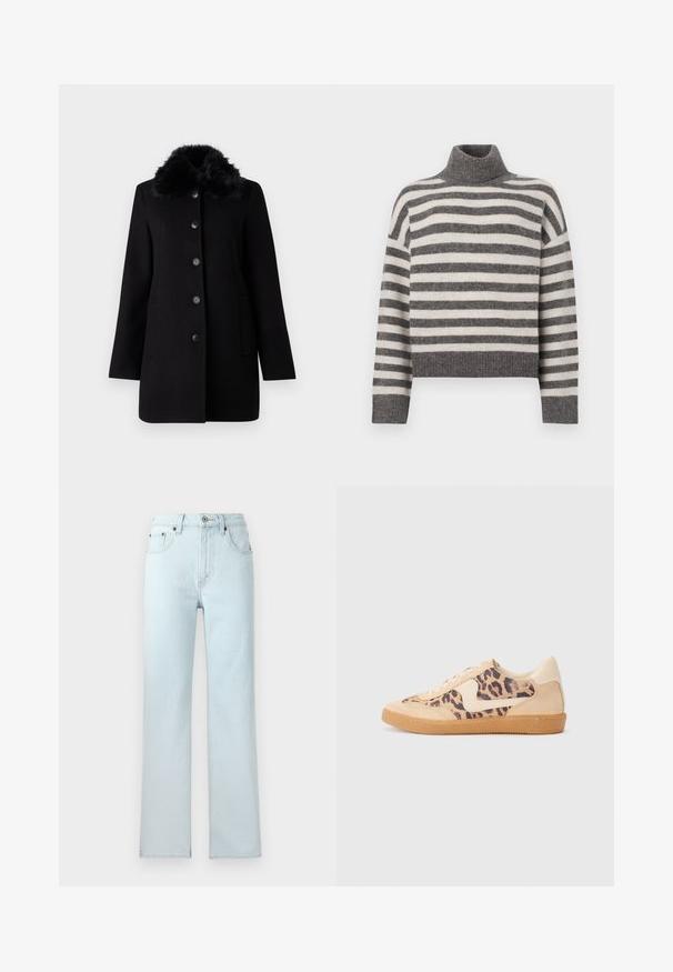 Vero Moda VMAUTUMN COZY JACKET - Mantel - black; Gestreepte coltrui in grijs en crème. Zachte stof met een ontspannen pasvorm, voorzien van geribbelde details bij de kraag en de zoom.; Lichtblauwe spijkerbroek met een rechte pijpdesign, voorzien van vijf zakken, riemlussen en een knoopsluiting aan de taille.; Luipaardprint sneakers met een beige suède bovenkant, tan rubberen zool en witte accenten. Ronde neus en vetersluiting met een gestructureerde afwerking.