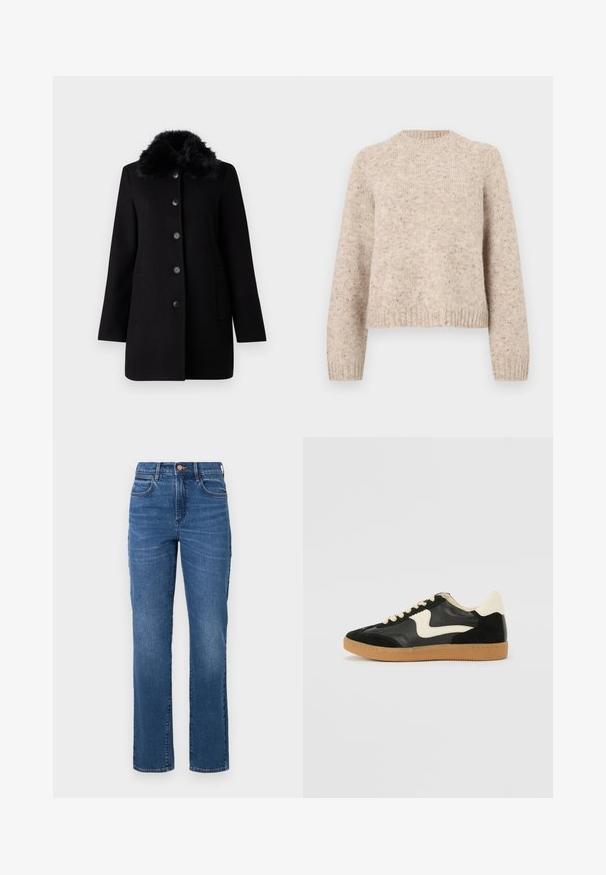 Vero Moda VMAUTUMN COZY JACKET - Klassisk frakke - black; Beige striktrøje med rund hals, lange ærmer og ribbede manchetter. Lavet af en tekstureret uldblanding med subtile prikker over det hele.; Blå denim jeans med lige snit, høj talje, fem lommer og minimal syning. Stoffet har en let falmet tekstur.; Sorte ruskinds- og lædersneakers med en cremefarvet side-swoosh og lys cremefarvet hæl. Har beige snørebånd og en gummirubber-sål.