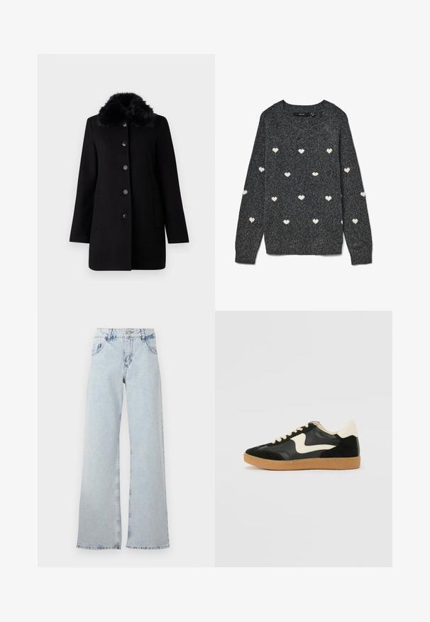 Vero Moda VMAUTUMN COZY JACKET - Mantel - black; Grijze trui met een ronde hals en lange mouwen, met een herhalend patroon van kleine witte hartjes over het hele oppervlak. Zacht gestructureerde stof.; Lichtblauwe wijde jeans van denim, met een hoge taille, riemlussen, vijf zakken en vervaagde gebieden voor een vintage uitstraling.; Zwarte suède en leren sneaker met een crèmekleurige zij-swoosh en lichte crèmekleurige hiel. Voorzien van beige veters en een gumrubberen zool.