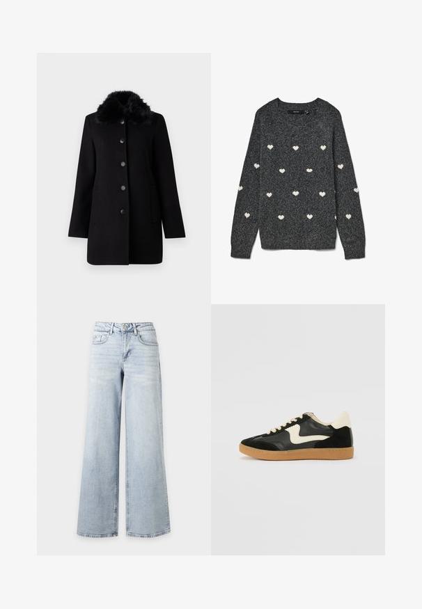 Vero Moda VMAUTUMN COZY JACKET - Klassisk frakke - black; Grå sweater med rund halsudskæring og lange ærmer, prydet med et gentaget mønster af små hvide hjerter over det hele. Blødt tekstureret stof.; Lyseblå jeans med høj talje og vide ben, med knap- og lynlås, for- og baglommer, vist på hvid baggrund.; Sorte ruskinds- og lædersneakers med en cremefarvet side-swoosh og lys cremefarvet hæl. Har beige snørebånd og en gummirubber-sål.