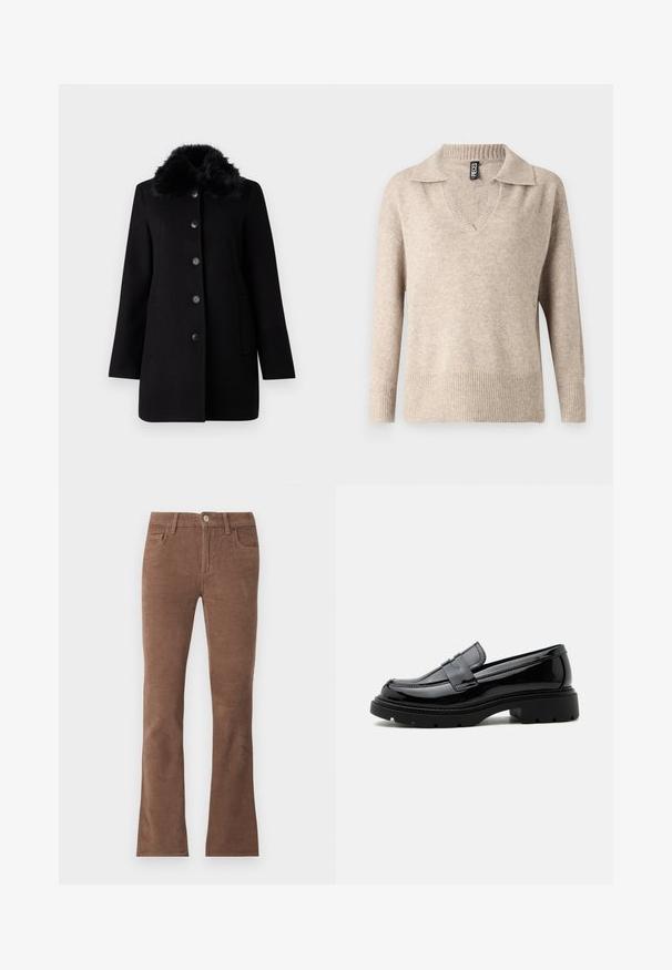Vero Moda VMAUTUMN COZY JACKET - Klassisk frakke - black; Beige strikket sweater med V-hals og ribbet krave. Har lange ærmer og en ribbet kant, lavet af et blødt, struktureret materiale.; Brune kordbuksbukser med knap og lynlås, fem-lomme stil og let udvidede ben.; Sort skinnende læderloafer med kraftig sål og pennyrem, vist i sideprofil på en ensfarvet hvid baggrund.