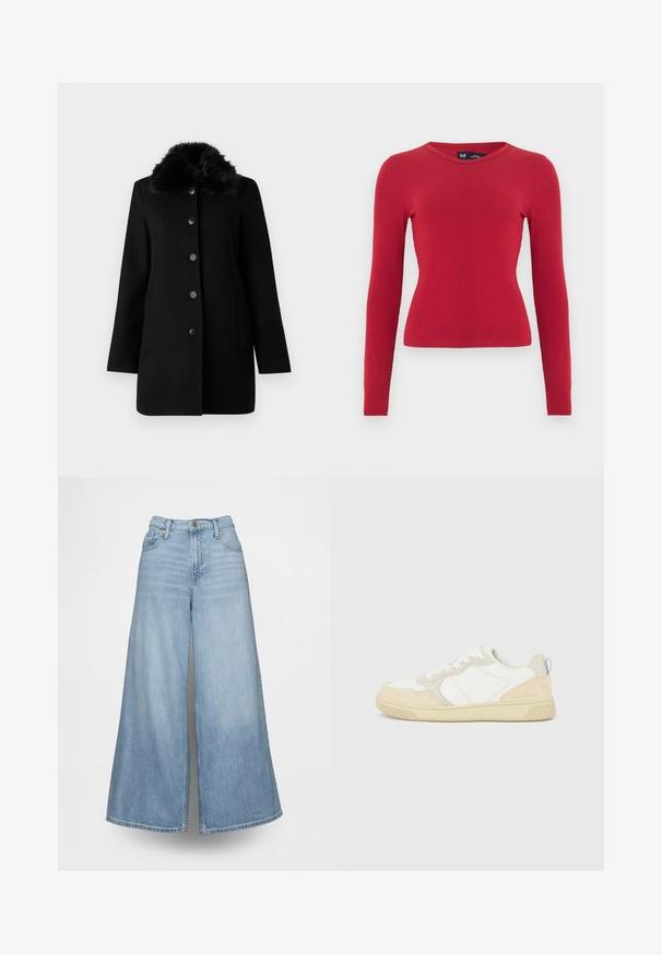 Vero Moda VMAUTUMN COZY JACKET - Mantel - black; Rode geribbelde longsleeve met een ronde halslijn. Gemaakt van zachte stof, aansluitende pasvorm en subtiele structuurdetails. Merketiket zichtbaar.; Lichtblauwe wijde jeans van denim, met een hoge taille, voorzakken en een knoopsluiting. De stof heeft een verweerde wassing.; Witte en beige sneaker met een bovenwerk van suède en textiel, voorzien van contrasterende stiksels, een rubberen zool en een lichtblauwe accenten op de hiel.