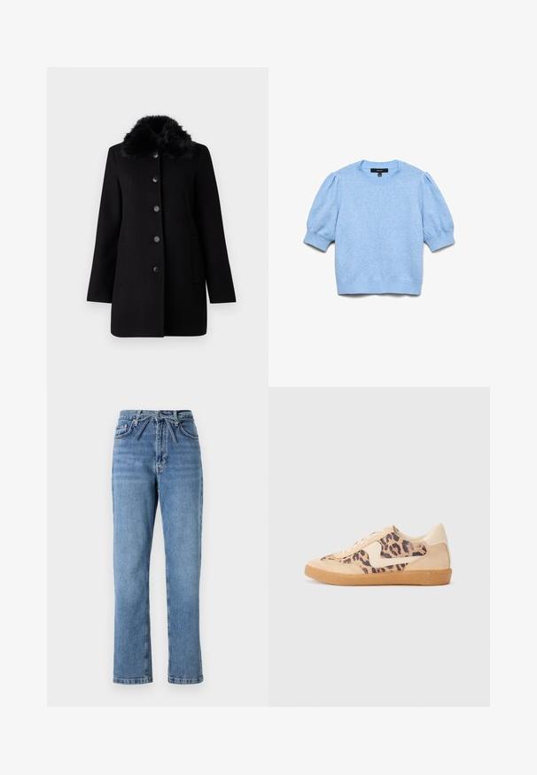Vero Moda VMAUTUMN COZY JACKET - Klassisk frakke - black; Lyseblå striktrøje med korte pufærmer og ribstrikkede manchetter, halsudskæring og kant.; Lyseblå denimjeans med lige pasform, høj talje, der har en frontsløjfe og klassisk fem-lomme design. Struktureret overflade med subtile falmninger.; Leopardprint sneakers med beige ruskindsoverdel, tan gummisål og hvide detaljer. Rund pegefinger og snørebåndsdesign med en tekstureret finish.