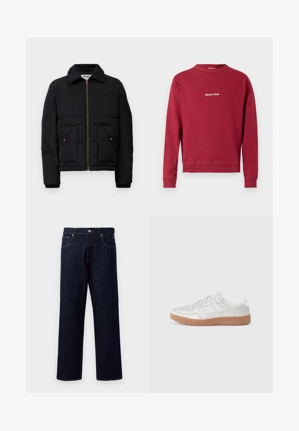Zwarte pufferjas met een kraaghals, een gouden rits, twee voorzakken en gestikte paneeldetails. Zacht, geïsoleerd materiaal.; Bordeaux sweatvest van een katoenmix met een ronde hals, ribgebreide manchetten en onderrand. Voorzien van witte geborduurde tekst "Original Studio" op de voorkant.; Donkerblauwe denim jeans met een ontspannen recht model, vijf zakken ontwerp en contrasterende gele stiksels. Geen zichtbare logo's of patronen.; Zilveren sneakers met een gladde textuur, vetersluiting, geperforeerde accenten en een gestructureerde bruine rubberen zool.
