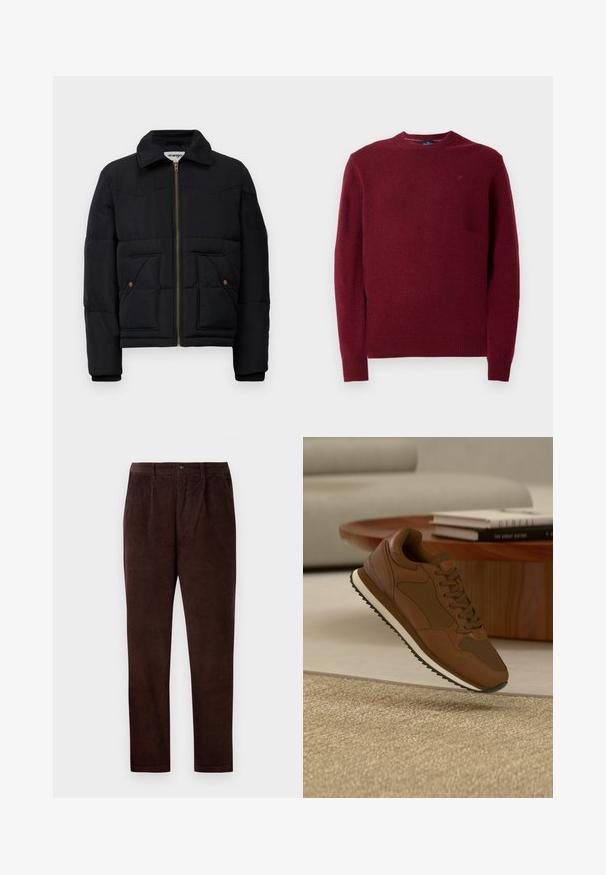 Zwarte pufferjas met een kraaghals, een gouden rits, twee voorzakken en gestikte paneeldetails. Zacht, geïsoleerd materiaal.; Hackett London CREW - Trui - burgundy red; Barbour Broek - dark oak; Bruine sneaker met witte zool hangend boven een beige tapijt voor een houten tafel met gestapelde boeken en een lichtgrijze bank op de achtergrond.