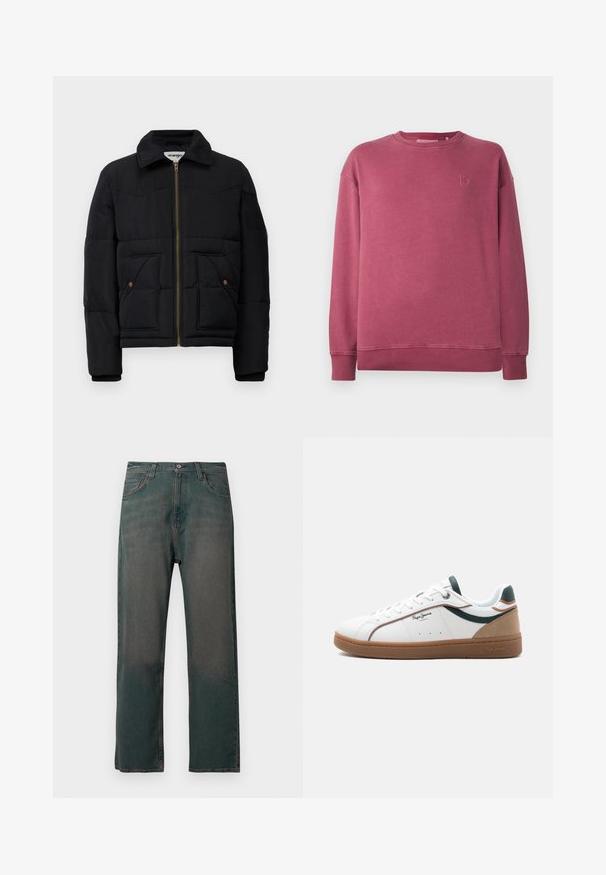 Zwarte pufferjas met een kraaghals, een gouden rits, twee voorzakken en gestikte paneeldetails. Zacht, geïsoleerd materiaal.; Langemouwen crewneck sweatshirt in gewassen rozenkleur met ribbelmanchetten en -zoom, en subtiel geborduurd logo op de linkerkant van de borst.; Donkergroene spijkerbroek met rechte pijpen, voorzien van een klassiek ontwerp met vijf zakken en contrasterende stiksels langs de naden.; Witte lage sneaker met een bruine zool, groene en beige accenten, witte veters en het "Pepe Jeans London"-logo aan de zijkant.
