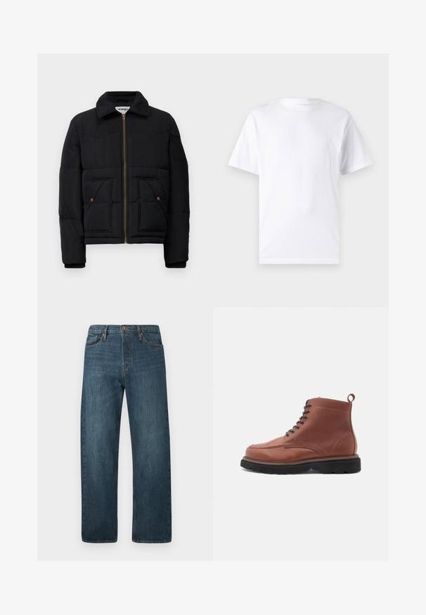 Zwarte pufferjas met een kraaghals, een gouden rits, twee voorzakken en gestikte paneeldetails. Zacht, geïsoleerd materiaal.; Witte T-shirt met korte mouwen, gemaakt van katoen, met een ronde hals. Het heeft een gladde textuur en een eenvoudig ontwerp zonder patronen of accenten.; Donkerblauwe straight-leg denim jeans met vijf zakken, knoopsluiting en riemlussen op een effen witte achtergrond.; Bruine leren enkellaarsjes met een ronde neus, vetersluiting aan de voorkant en een gestructureerd oppervlak, voorzien van een trekband en een robuuste zwarte zool.