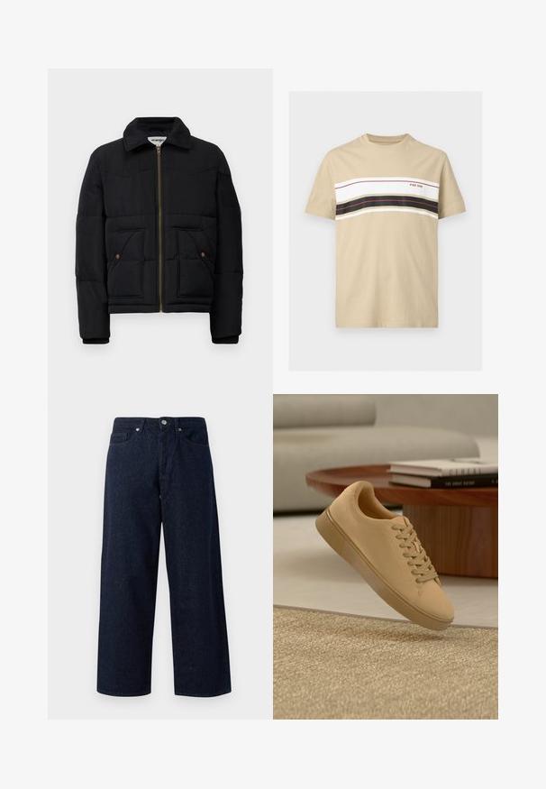Zwarte pufferjas met een kraaghals, een gouden rits, twee voorzakken en gestikte paneeldetails. Zacht, geïsoleerd materiaal.; Beige T-shirt met korte mouwen met horizontale witte, zwarte en rode strepen over de borst en de tekst "PIER ONE" aan de rechterkant.; Donkerblauwe denim wijde pijpen jeans met een knoopsluiting, voorzakken en een subtiele textuur, met rechte zomen en een ontspannen pasvorm.; Beige vetersneaker die boven een gestructureerd tapijt zweeft, met een houten salontafel en gestapelde boeken op een wazige achtergrond.