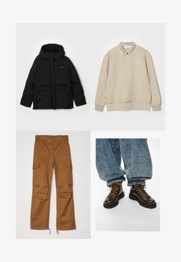 Sort pufferjakke med hætte, der har en frontlynlås, to store flaplommer og "Halteweiler" logo på venstre side. Blød struktur.; Beige polo sweatshirt med krave og knaplukning. Blød tekstur, sideslids og kontrasterende hvidt kantbånd omkring kraven.; Brune cargo bukser med lige ben, flere lommer og lynlåse ved kanten. Fremstillet af slidstærkt stof.; Brune læder vandrestøvler med gule snørebånd, båret med opsmøgede blå cowboybukser på hvid baggrund.