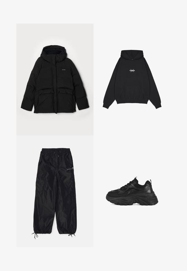 Sort pufferjakke med hætte, der har en frontlynlås, to store flaplommer og "Halteweiler" logo på venstre side. Blød struktur.; Pegador BELLY OVERSIZED HOODIE - Hættetrøje - washed black; Sorte cargobukser lavet af blank nylon med elastisk talje, justerbar snor, sidelommer og elastiske manchetter.; Sorte atletiksneakers med en kombination af mesh og syntetisk læder, en kraftig sål, rundet tå og teksturerede detaljer. Snørebånd foran.