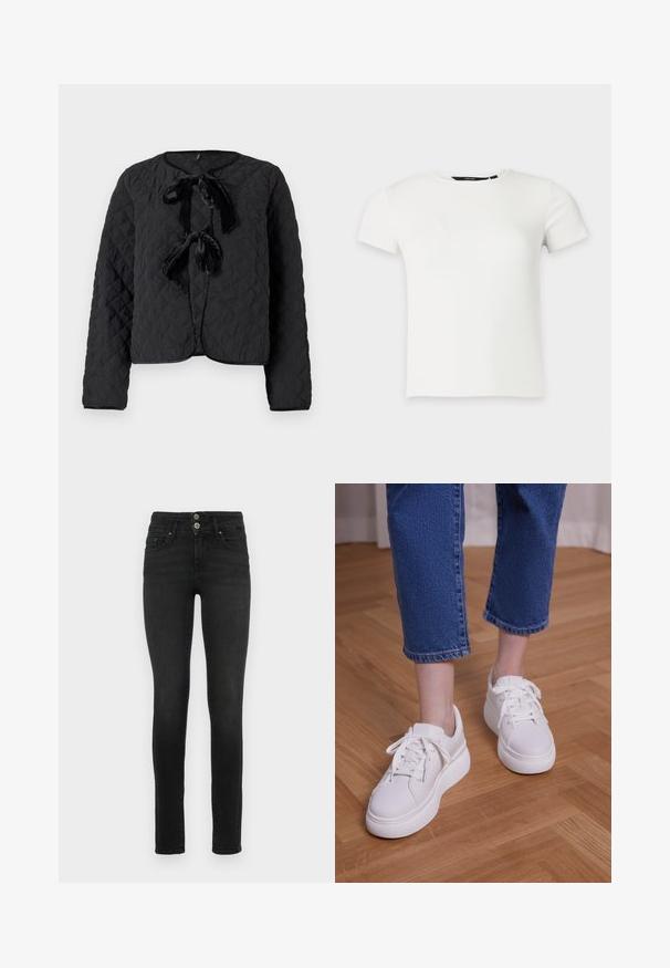 Sort quiltet jakke med lange ærmer, rund halsudskæring og to fremadskuende fløjls-bow ties som lukningsdetaljer.; Hvid kortærmet ribstrikket t-shirt med rund halsudskæring, vist på en ensartet lys grå baggrund.; Sorte skinny jeans lavet af denim med høj talje, der har to frontlommer og en to-knaps lukning. Glat tekstur.; Ben iført cropped blå jeans og hvide snørebånds-plateausneakers, stående på lyst trægulv.