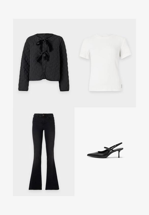 Sort quiltet jakke med lange ærmer, rund halsudskæring og to fremadskuende fløjls-bow ties som lukningsdetaljer.; Hvid ribbet kortærmet t-shirt med rund halsudskæring. Blød tekstur, tætsiddende design og minimale syninger.; Sorte flagrende jeans lavet af denim. Høj talje med knaplukning, strømlinet design og udtalt flagrende ben i bunden.; Sorte læder slingback hæle med spids tå, slank justerbar rem og en stiletto hæl på cirka 5 cm, glat tekstur.
