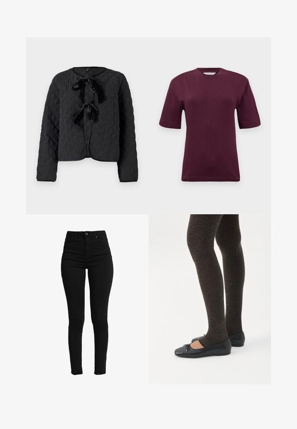 Sort quiltet jakke med lange ærmer, rund halsudskæring og to fremadskuende fløjls-bow ties som lukningsdetaljer.; Kortærmet maroon t-shirt lavet af glat bomuldsstof, med en rund halsudskæring og diskrete sømdetaljer på fronten.; Sorte høj talje skinny jeans lavet af stræk denim, med en foran knap, lynlåsåbning og fem lommer for funktionalitet.; Ben iført mørke ribbede leggings kombineret med sorte balletsko med små sløjfedetaljer på hvid baggrund.