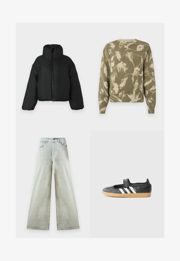 Veste courte en duvet noir avec un col haut, fermeture éclair à l'avant et des manches volumineuses. Le matériau semble lisse et isolant.; Pull en tricot vert olive avec un motif de feuilles en crème. Ourlet et poignets côtelés, col rond et coupe décontractée. Design de tissu texturé.; Jean en denim à taille haute, coupe large et lavage clair, doté de poches avant, passants pour ceinture et une fermeture par bouton brun à la taille.; Sneaker en cuir noir et suède avec une sangle Velcro, arborant trois bandes blanches et une semelle en caoutchouc, étiqueté "SAMBA" sur le côté.