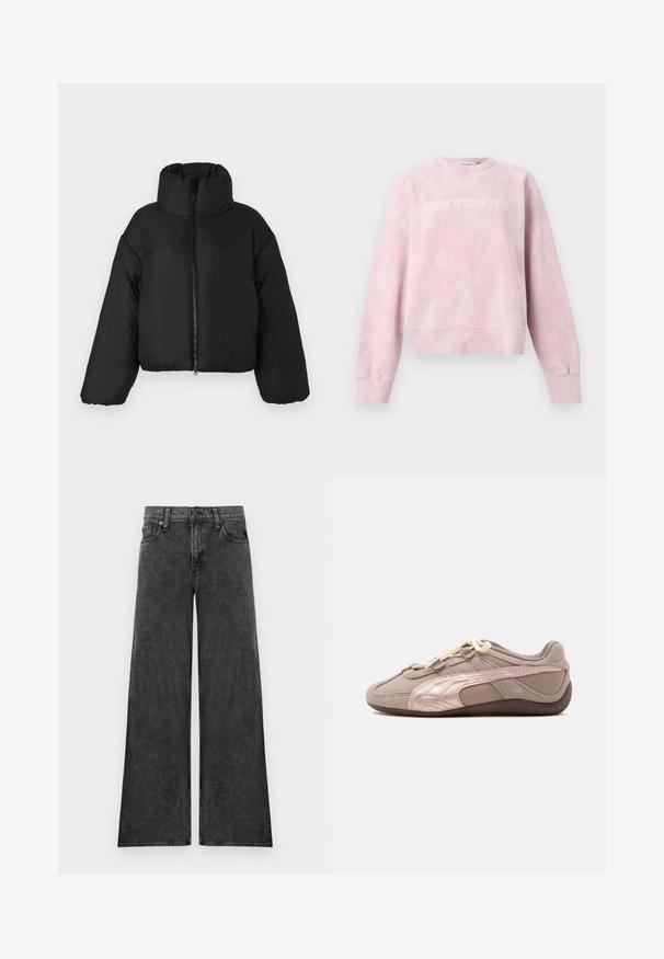 Veste courte en duvet noir avec un col haut, fermeture éclair à l'avant et des manches volumineuses. Le matériau semble lisse et isolant.; Sweat-shirt col rond rose clair avec un motif subtil de tâches blanches et un logo "Carhartt" discret sur la poitrine, présenté à plat sur fond blanc.; Jean en denim noir à jambes larges avec cinq poches et fermeture par boutons, présenté à plat sur un fond blanc.; Baskets taupe profil bas avec textures en daim et cuir, lacets crème, et une bande métallique or rose le long du côté sur une semelle sombre.