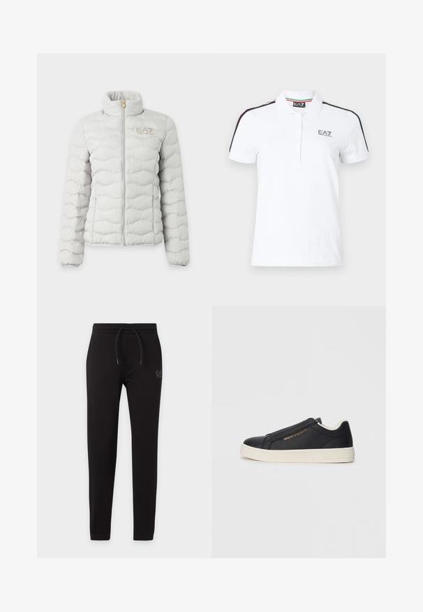 Veste matelassée gris clair avec fermeture éclair intégrale devant, col montant, poignets élastiques et petit logo EA7 Emporio Armani sur la poitrine.; Polo blanc à manches courtes, patte de boutonnage à trois boutons, logo de la marque sur la poitrine, et bandes noires, vertes et rouges sur les épaules.; Pantalon de survêtement noir slim avec taille élastique et cordon, avec petit logo "EA7 Emporio Armani" sur la cuisse gauche.; Baskets noires en cuir à enfiler avec semelle blanche, logo doré "Armani Exchange" sur le côté et détails de couture minimaux.