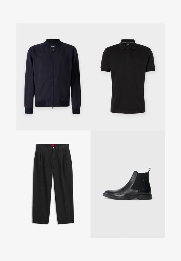 Chaqueta bomber azul marino hecha de tela suave, con cierre de cremallera, cuello alzado y puños y dobladillo de canalé. Sin patrones o acentos visibles.; Camiseta polo negra de manga corta con cuello y tapeta de dos botones, con un sutil logo BOSS en el pecho, presentada sobre un fondo liso.; Pantalones negros de talle alto con pliegues delanteros, trabillas para cinturón, cierre con botón y cremallera, y una etiqueta roja en el interior de la cintura.; Botines Chelsea de cuero negro con paneles elásticos laterales, una pestaña para tirar y una suela de goma plana. Textura suave con un detalle mínimo.