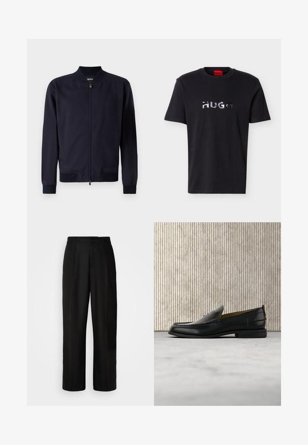 Chaqueta bomber azul marino hecha de tela suave, con cierre de cremallera, cuello alzado y puños y dobladillo de canalé. Sin patrones o acentos visibles.; Camiseta negra de manga corta con cuello redondo, con el logo "HUGO" en plata brillante centrado en el pecho y una etiqueta roja en el interior del cuello.; Pantalones negros con corte recto, textura suave, pliegues frontales y cintura estándar. Diseño minimalista sin patrones adicionales.; Mocasín de cuero negro para hombre con empeine grabado en relieve de cocodrilo y tacón bajo, mostrado de perfil sobre un fondo neutro.