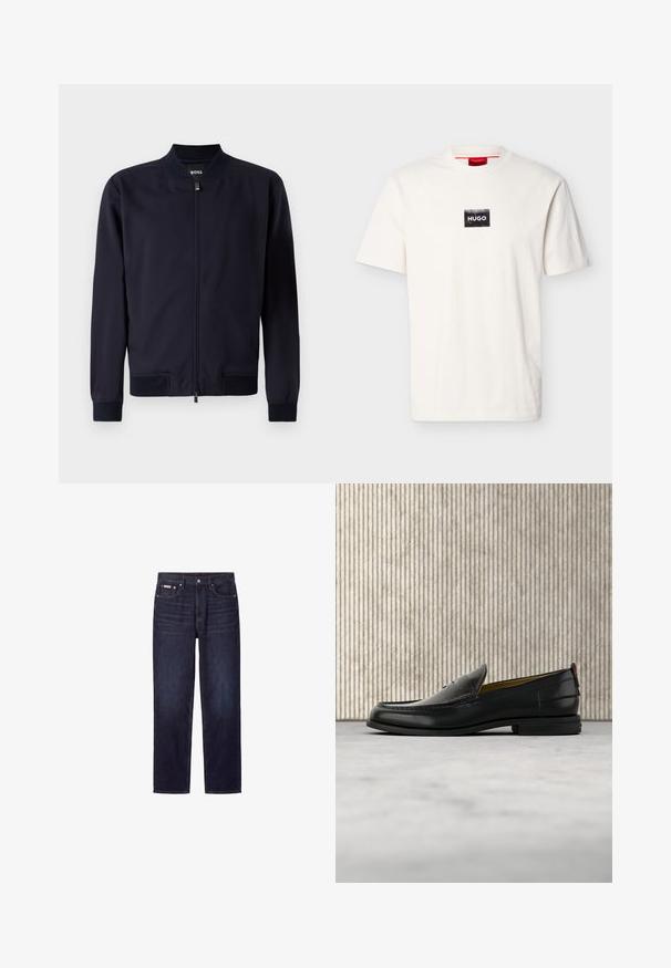 Chaqueta bomber azul marino hecha de tela suave, con cierre de cremallera, cuello alzado y puños y dobladillo de canalé. Sin patrones o acentos visibles.; Camiseta blanca de manga corta con cuello redondo, con un pequeño parche rectangular negro y texto "HUGO" en blanco en el pecho.; Vaqueros denim azul oscuro de corte recto, con cinco bolsillos, cierre de botón y costuras visibles.; Mocasín de cuero negro para hombre con empeine grabado en relieve de cocodrilo y tacón bajo, mostrado de perfil sobre un fondo neutro.