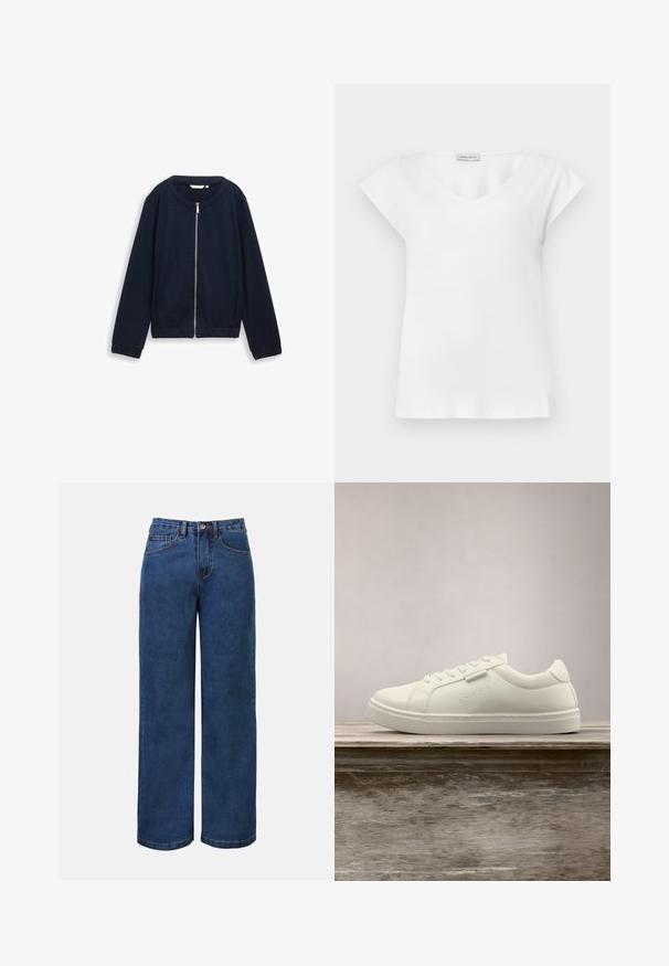 Veste zippée bleu marine avec un motif texturé, col rond et poignets élastiques. Conçue en matériau tissé avec une coupe ajustée.; Blouse blanche à manches courtes avec un col rond et une petite étiquette de marque près du col.; Jean large en denim bleu foncé avec taille haute, doté d'une fermeture à bouton, de passants de ceinture et de poches avant et arrière. Texture lisse.; Baskets en cuir blanc avec des lacets flottant au-dessus d'un banc en bois, herbe verte haute floue en arrière-plan à l'extérieur.