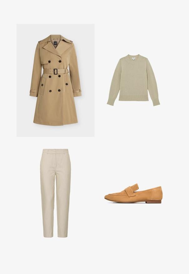 Beige dubbelgeknoopte trenchcoat met brede revers, tailleband, zakken met knopen en epauletten op de schouders, voorkant weergegeven.; Beige gebreide trui met een ronde hals, geribbelde zoom en manchetten. Licht gestructureerde stof met gestikte details langs de mouwen.; Beige broek van lichtgewicht stof, met een taps toelopend ontwerp, vlakke voorkant en zijzakken; gladde textuur met subtiele strepen.; Tan suède instappers met een platte hak, ronde neus en een gestikte band over de wreef voor een verfijnde afwerking.