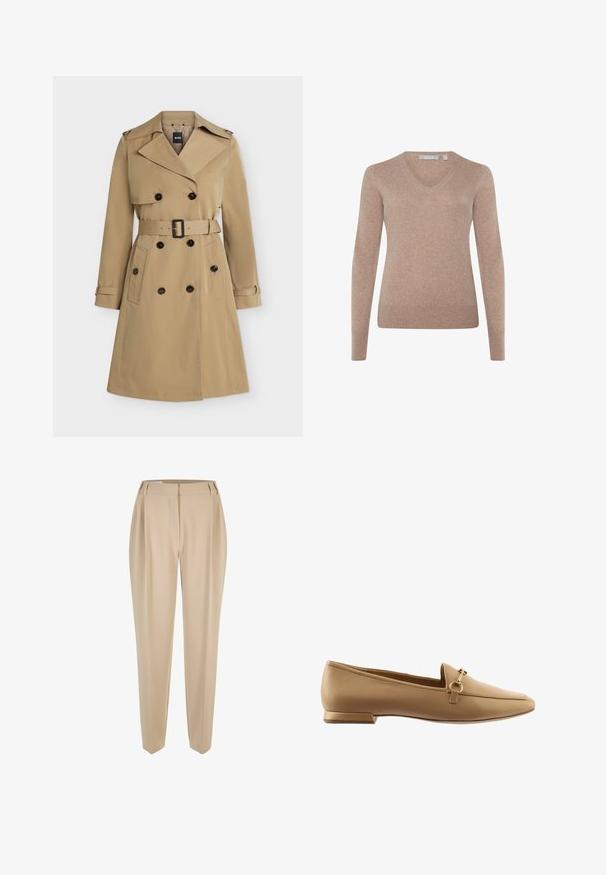 Beiger zweireihiger Trenchcoat mit breiten Revers, tailliertem Gürtel, geknöpften Taschen und Schulterklappen, frontseitig dargestellt.; V-Ausschnitt-Pullover aus leicht beigem Strickstoff, lange Ärmel, gerippte Bündchen und Saum, glatte Textur, minimales Design, keine sichtbaren Muster oder Beschläge.; Beige maßgeschneiderte Hose mit Gürtelschlaufen, geraden Beinen und verdecktem Frontverschluss, auf einem weißen Hintergrund präsentiert.; Beige Lederloafers mit flachem Absatz, dekorativem Metallring und Riemenakzent, glatter Oberfläche und abgerundeter Schuhspitze.