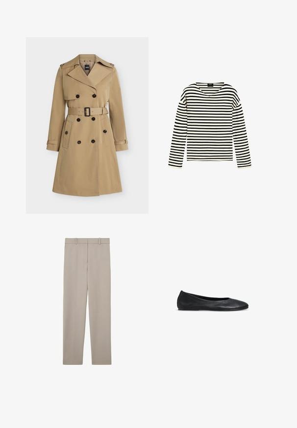 Beige dobbeltradet trenchcoat med brede revers, bælte i taljen, knaplukker på lommerne og skulderstropper, vist forfra.; Langærmet skjorte med sorte og hvide vandrette striber og V-hals krave, vist på en ensfarvet hvid baggrund.; Beige, lige bukser med bæltestropper og et rent, minimalistisk design, vist fladt på en hvid baggrund.; Sort dames balletsko i læder med rund tå og lav hæl, vist på hvid baggrund.