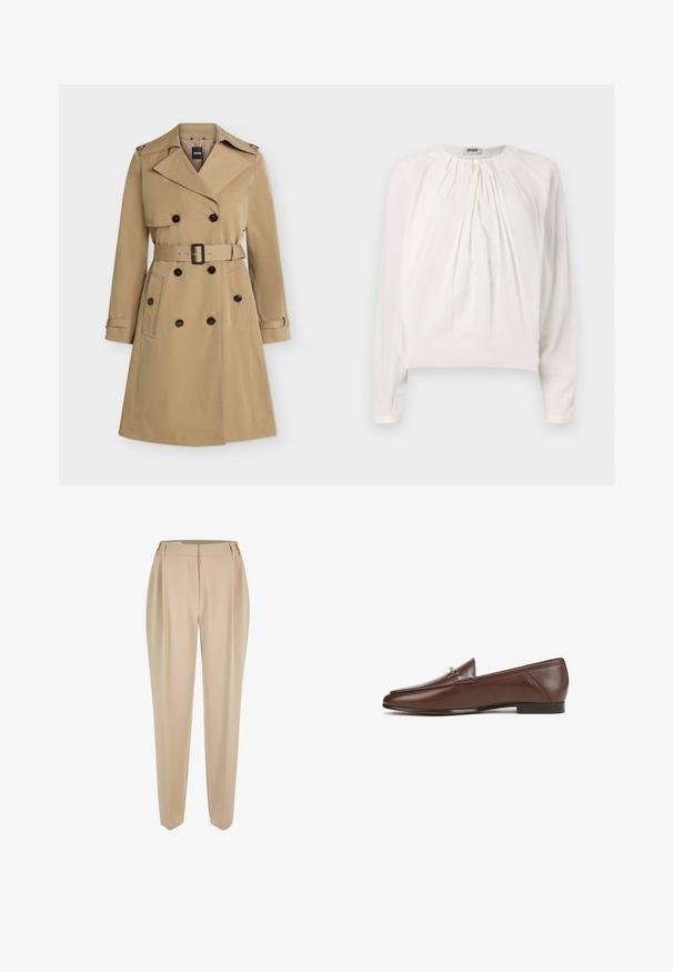Beige dubbelgeknoopte trenchcoat met brede revers, tailleband, zakken met knopen en epauletten op de schouders, voorkant weergegeven.; Witte blouse met lange mouwen, ronde hals en geplooide voorkant. Zacht, glad materiaal met een comfortabele pasvorm en knoopdetails bij de kraag.; Beige op maat gemaakte rechte broek met riemlussen, voorrits en zijzakken, gepresenteerd op een witte achtergrond.; Bruine leren instaplaars met een slank design, puntige neus en gouden accenten. Vlakke zool, gladde textuur, minimale details.