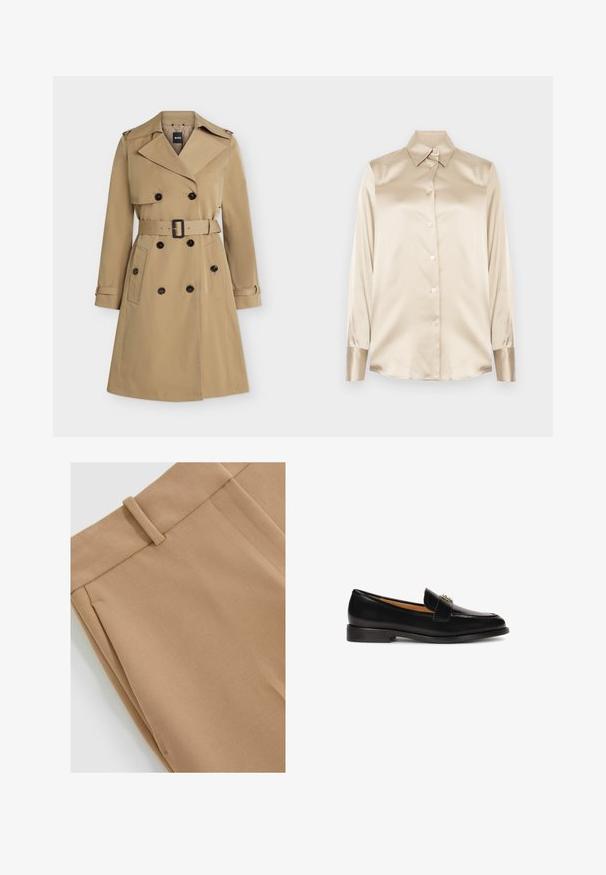 Beiger zweireihiger Trenchcoat mit breiten Revers, tailliertem Gürtel, geknöpften Taschen und Schulterklappen, frontseitig dargestellt.; Beige Satinhemd mit spitzem Kragen, langen Ärmeln, Knopfverschluss und Manschetten in einem etwas glänzenderen Finish. Keine Muster oder Akzente.; Beige Hose mit glatter Textur, flachem Frontschnitt und Gürtelschlaufen. Der Stoff hat eine dezente diagonale Webmusterung.; Schwarze Lederloafer mit abgerundeter Zehenpartie, schlanker Silhouette und einem dekorativen Riemen mit metallischen Akzenten auf dem Spann. Flache Gummisohle.