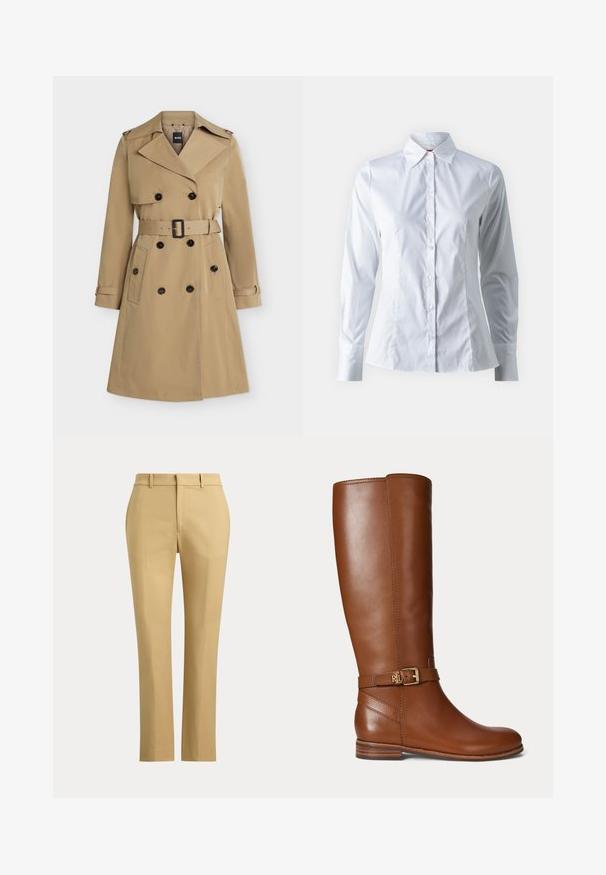 Beige dobbeltradet trenchcoat med brede revers, bælte i taljen, knaplukker på lommerne og skulderstropper, vist forfra.; Hvid skjorte med lange ærmer, spidse krave, tætsiddende design, glat bomuldsstof og frontlukning med knapper.; Beige bukser med lige ben, bæltestropper, foran lynlås og skræddersyede folder på en ensfarvet lys baggrund.; Brun læder knæhøj støvle med en lille guldbøjle og "RL" logo på remmen nær anklen, flad hæl og glat finish.