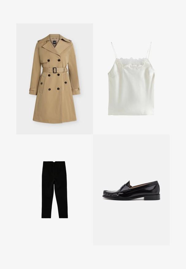 Beige dubbelgeknoopte trenchcoat met brede revers, tailleband, zakken met knopen en epauletten op de schouders, voorkant weergegeven.; Witte satijnen cami met kanten afwerking langs de halslijn, verstelbare spaghettibandjes en een gladde textuur. Eenvoudig ontwerp, zonder patronen.; Zwarte op maat gemaakte broek tot aan de enkel met zijzakken en een licht taps toelopende pijp, plat liggend op een witte achtergrond.; Zwarte leren mokassin met een glanzende afwerking, voorzien van franjes aan de voorkant en een lage gestapelde hak.