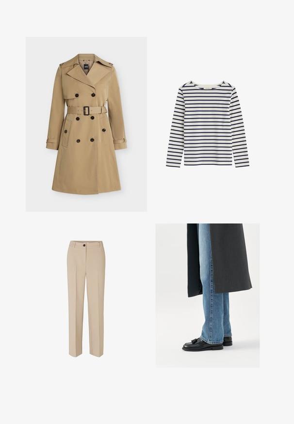 Beige dubbelgeknoopte trenchcoat met brede revers, tailleband, zakken met knopen en epauletten op de schouders, voorkant weergegeven.; Wit shirt met lange mouwen en horizontale marineblauwe strepen, met een ronde hals, plat neergelegd op een witte achtergrond.; Modström GALE - Broek - powder sand; Zwarte leren instappers met kwastjes, gedragen met lichtblauwe rechtlopende jeans, aangevuld met een donkergrijze jas. Schone lijnen en textiel met structuur.