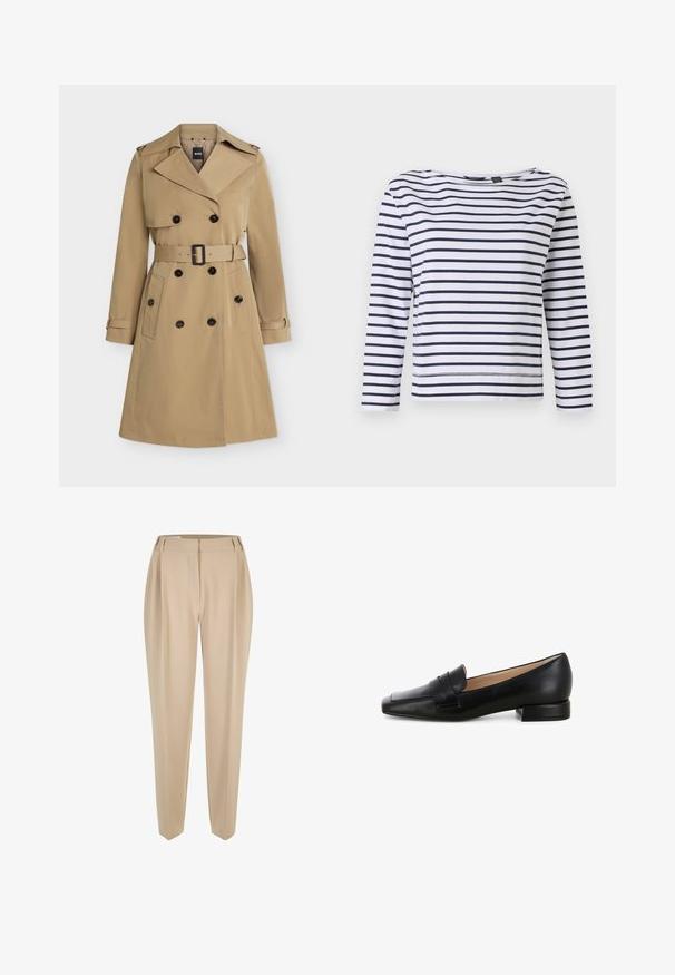 Beiger zweireihiger Trenchcoat mit breiten Revers, tailliertem Gürtel, geknöpften Taschen und Schulterklappen, frontseitig dargestellt.; Gestreiftes langärmeliges Oberteil in Weiß und Navy mit Bootsausschnitt und lockerer Passform. Hergestellt aus weichem Baumwollmaterial mit genähten Säumen.; Beige maßgeschneiderte Hose mit Gürtelschlaufen, geraden Beinen und verdecktem Frontverschluss, auf einem weißen Hintergrund präsentiert.; Schwarze Lederloafer mit flachem Absatz, quadratischer Zehenform und einer genähten Riemenverzierung über dem Spann. Glatte Textur mit glänzender Oberfläche.