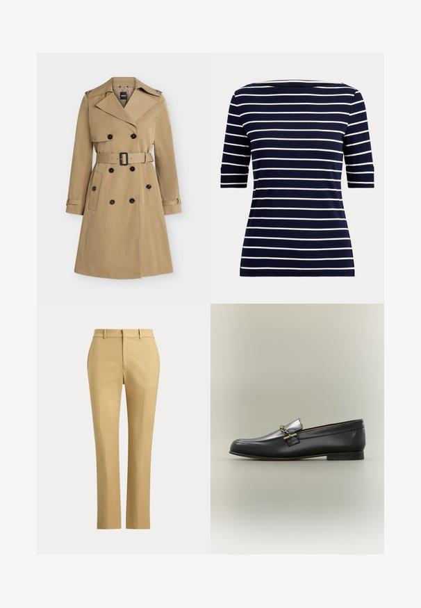 Beiger zweireihiger Trenchcoat mit breiten Revers, tailliertem Gürtel, geknöpften Taschen und Schulterklappen, frontseitig dargestellt.; Marineblaues Hemd mit weißen horizontalen Streifen und Ellbogen langen Ärmeln, gezeigt vor einem einfachen hellen Hintergrund.; Beige Straight-Leg-Hose mit Gürtelschlaufen, Frontreißverschluss und maßgeschneiderten Biesen auf einem einfarbigen hellen Hintergrund.; Schwarzer Lederloafer mit silberner Oberseite, goldener Kettendetail, niedrigem Absatz und abgerundeter Spitze auf neutralem Hintergrund.