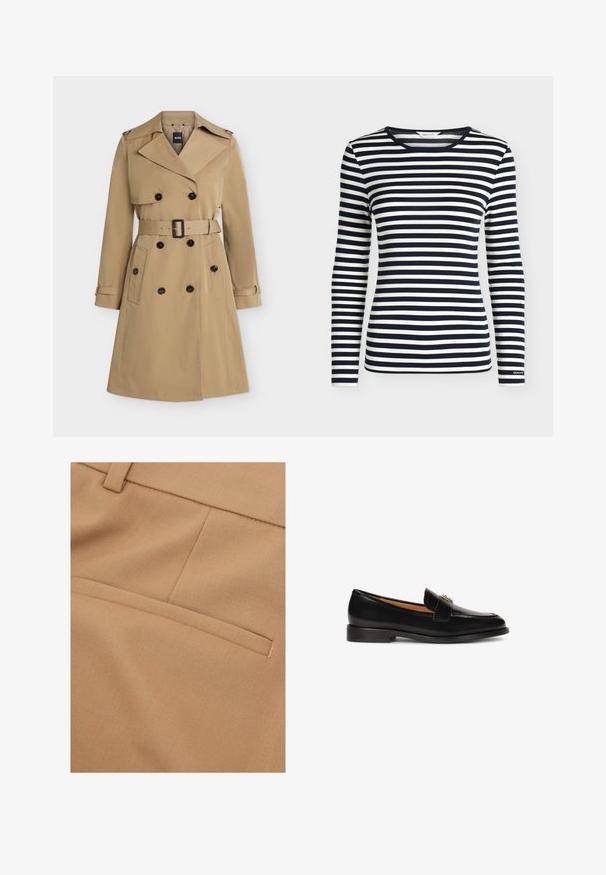 Beige dobbeltradet trenchcoat med brede revers, bælte i taljen, knaplukker på lommerne og skulderstropper, vist forfra.; Langærmet skjorte med navy og hvide horisontale striber og rund halsudskæring, mærket GANT på ærmekanten.; Beige stof i nærbillede med en tekstureret overflade, med en enkelt baglomme og rene syningsdetaljer.; Sort skind loafer med en afrundet tå, slank silhuet og en dekorativ rem med metaldetalje på forsiden. Flad gummisål.