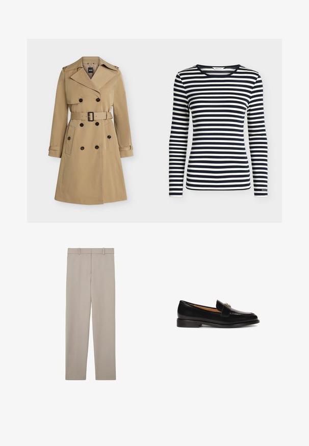 Beige dobbeltradet trenchcoat med brede revers, bælte i taljen, knaplukker på lommerne og skulderstropper, vist forfra.; Langærmet skjorte med navy og hvide horisontale striber og rund halsudskæring, mærket GANT på ærmekanten.; Beige, lige bukser med bæltestropper og et rent, minimalistisk design, vist fladt på en hvid baggrund.; Sort skind loafer med en afrundet tå, slank silhuet og en dekorativ rem med metaldetalje på forsiden. Flad gummisål.