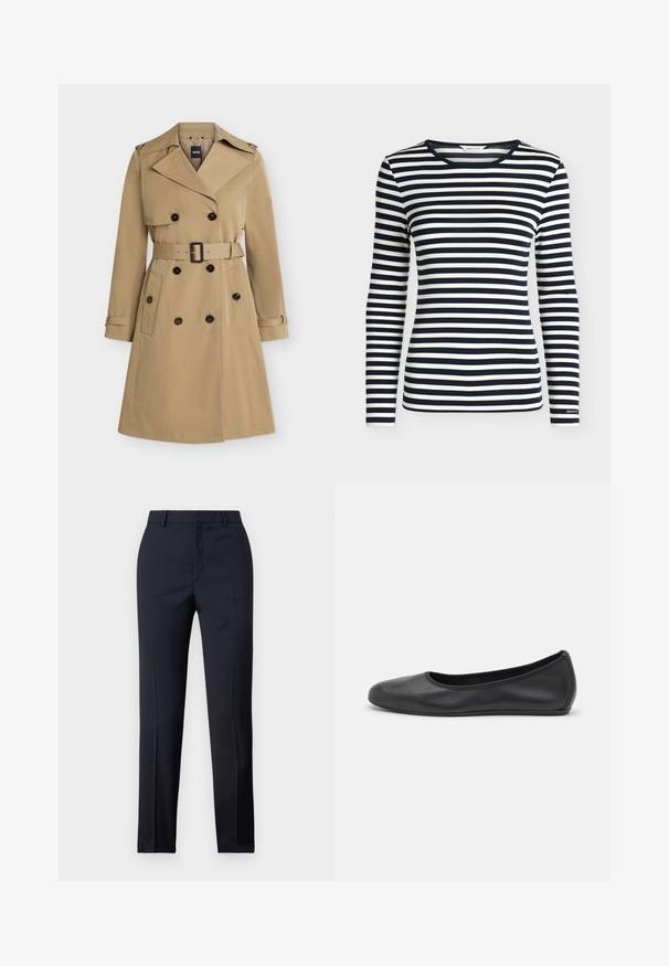 Trench-coat beige croisé avec larges revers, taille ceinturée, poches boutonnées et épaulettes, présenté de face.; Chemise à manches longues avec des rayures horizontales bleu marine et blanches et un col rond, brandée GANT sur le bord de la manche.; Pantalons ajustés bleu marine avec une coupe droite, présentant une texture lisse, deux poches avant et une taille épurée.; Ballerines en cuir noir avec un bout rond, texture lisse, détails de couture minimalistes et design de semelle flexible.