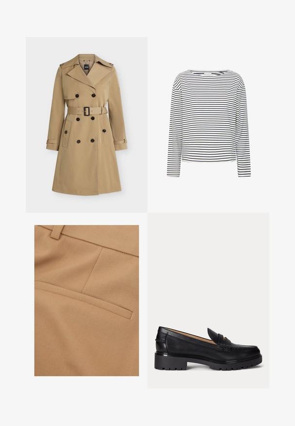 Beiger zweireihiger Trenchcoat mit breiten Revers, tailliertem Gürtel, geknöpften Taschen und Schulterklappen, frontseitig dargestellt.; Langärmliges Oberteil mit Bootsausschnitt, aus weichem Stoff mit horizontalen Streifen in Marineblau und Weiß. Gerader Schnitt und minimalistische Details.; Nahaufnahme eines beigen Stoffes mit einer horizontalen Leistentasche und einer abgenähten Nahtdetail an maßgeschneiderter Kleidung.; Schwarzer Lederloafer mit grober profillierter Sohle, niedrigem Absatz und dekorativem Riemen über dem Vorderfuß.