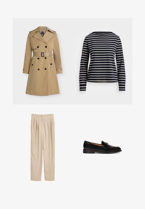 Beige dubbelgeknoopte trenchcoat met brede revers, tailleband, zakken met knopen en epauletten op de schouders, voorkant weergegeven.; Marineblauw langemouwshirt met witte horizontale strepen, een ronde hals en een klein borstzakje. Beschikt over knoopaccenten op de schouder.; Beige geplooide broek met een getailleerde pasvorm, gemaakt van een gladde stof, met een klassieke tailleband en rechte pijpen.; Zwarte leren instapper met een ronde neus, slanke silhouet en een decoratieve band met metalen accent op de wreef. Platte rubberen zool.