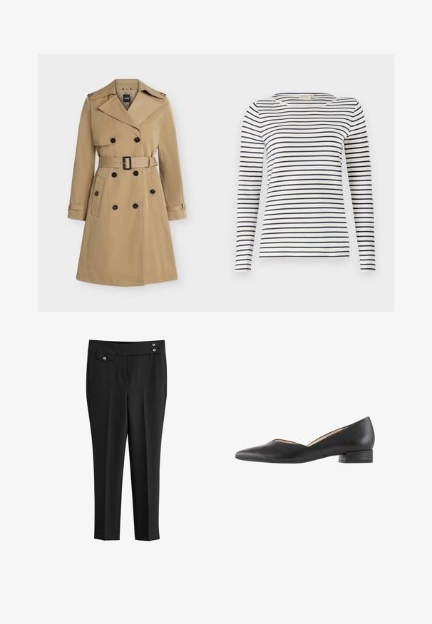 Beiger zweireihiger Trenchcoat mit breiten Revers, tailliertem Gürtel, geknöpften Taschen und Schulterklappen, frontseitig dargestellt.; Langärmliges gestreiftes Hemd aus weichem Stoff, mit navy- und weißen horizontalen Streifen, runder Halslinie und schlanker Passform.; Schwarze maßgeschneiderte Hose mit flachem Bund, Seitentaschen, einer kleinen aufknöpfbaren Klappentasche und zwei dekorativen goldenen Knöpfen am Bund.; Schwarze Leder-Halbschuhe mit niedrigem Absatz, die eine spitze Zehenpartie und ein Ausschnitt-Design an den Seiten aufweisen, was eine elegante Silhouette schafft.