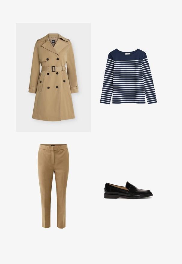 Beiger zweireihiger Trenchcoat mit breiten Revers, tailliertem Gürtel, geknöpften Taschen und Schulterklappen, frontseitig dargestellt.; Marineblaues Langarmshirt mit weißen horizontalen Streifen. Rundhalsausschnitt, weicher Stoff, lockere Passform und keine sichtbaren Beschläge oder Verzierungen.; Beige maßgeschneiderte Schlupfhose mit schmalem Schnitt, Bund und Bügelfalte, entworfen für formelle oder geschäftliche Anlässe.; Schwarze Lederhalbschuhe mit glatter Oberfläche, abgerundeter Zehenpartie und einem dekorativen Riemen über der Vorderseite. Design mit niedrigem Blockabsatz.